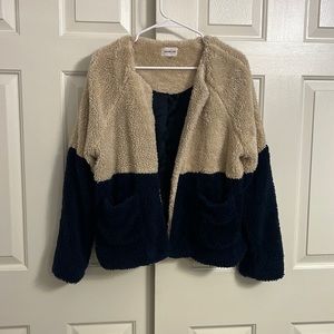 C21- Sugar+Lips Cream Blue Shearling Long Sleeve Cardigan Sweater Size Large